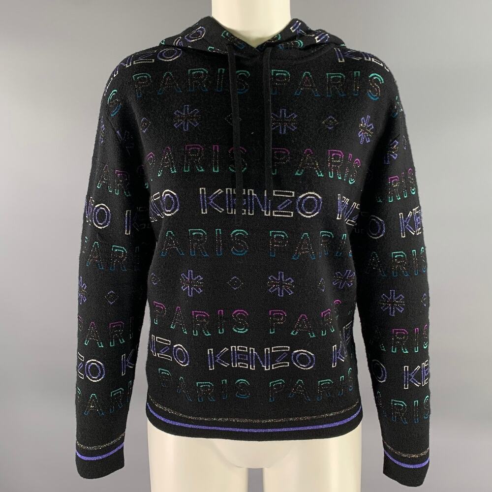 KENZO Size S Black Metallic Wool Blend Logo Cropped Hoodie